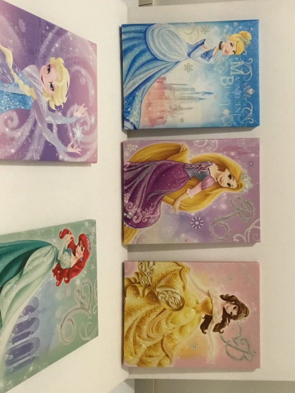 Disney 5 Princess canvas wall art  : Rapunzel, Elsa, Cinderella, Belle & Ariel - Picture 2 of 5